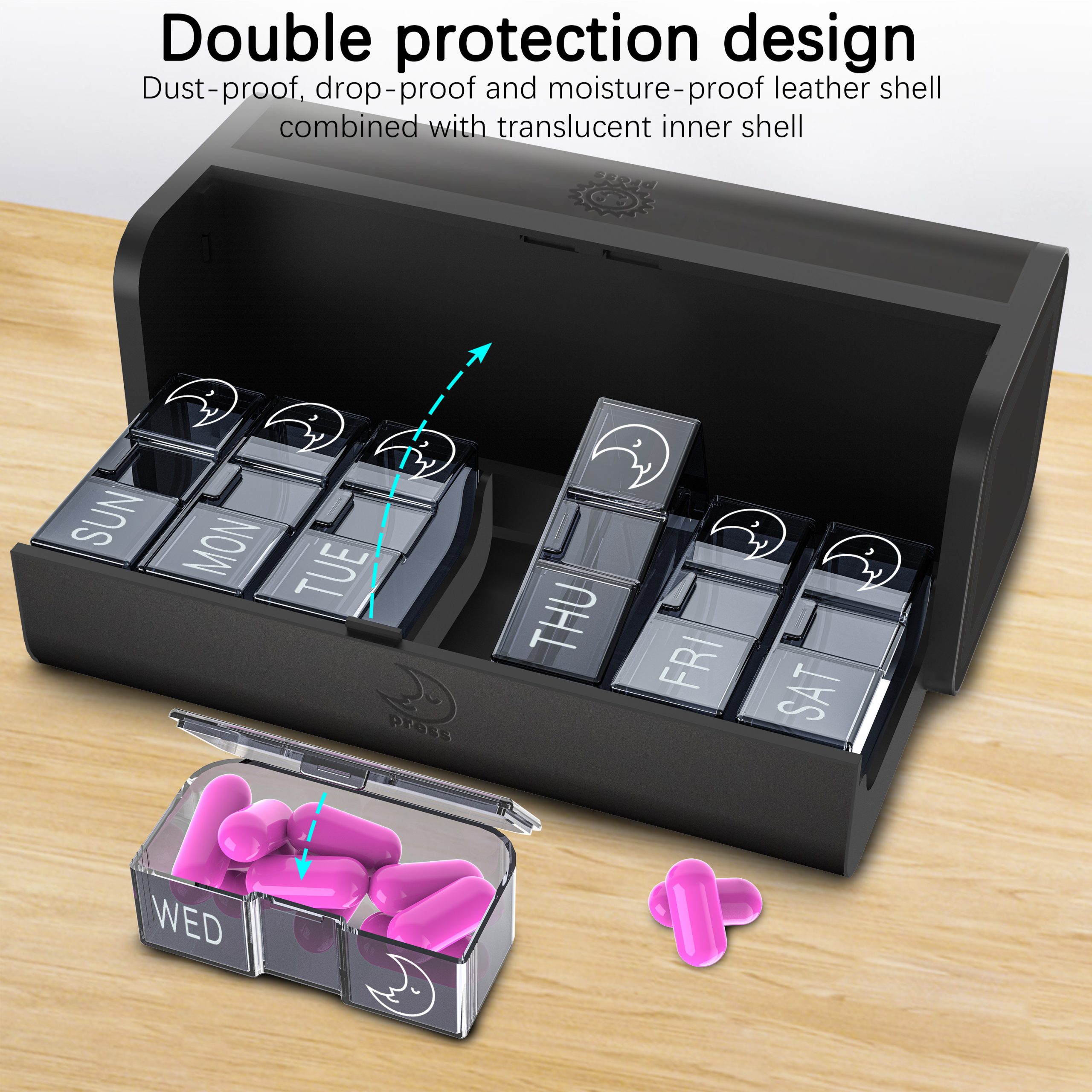 7 Day 2 Time Weekly Pill Organizer(Black) - Image 7