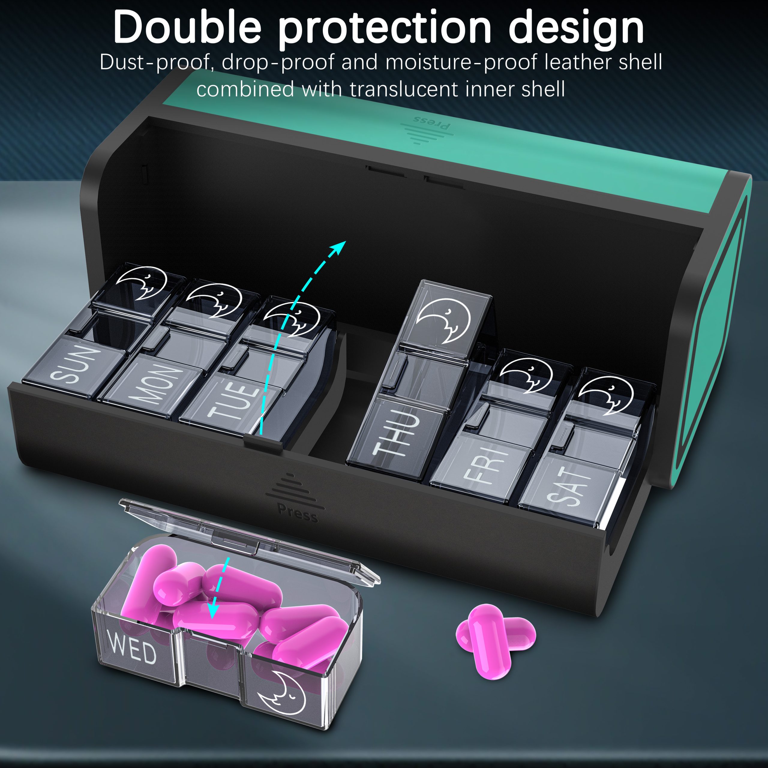 7 Day 2 Time Weekly Pill Organizer(Black and Cyan) - Image 7