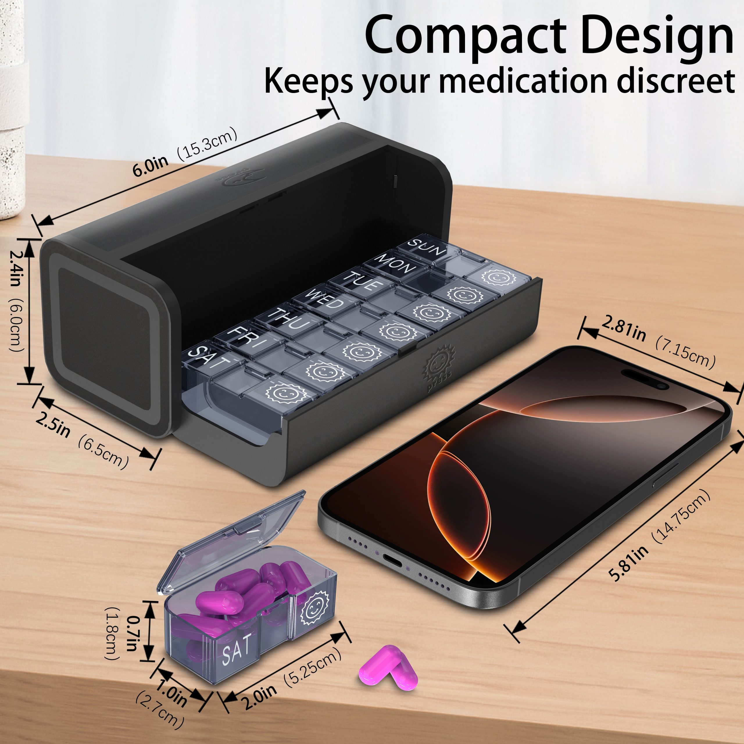 7 Day 2 Time Weekly Pill Organizer(Black) - Image 3